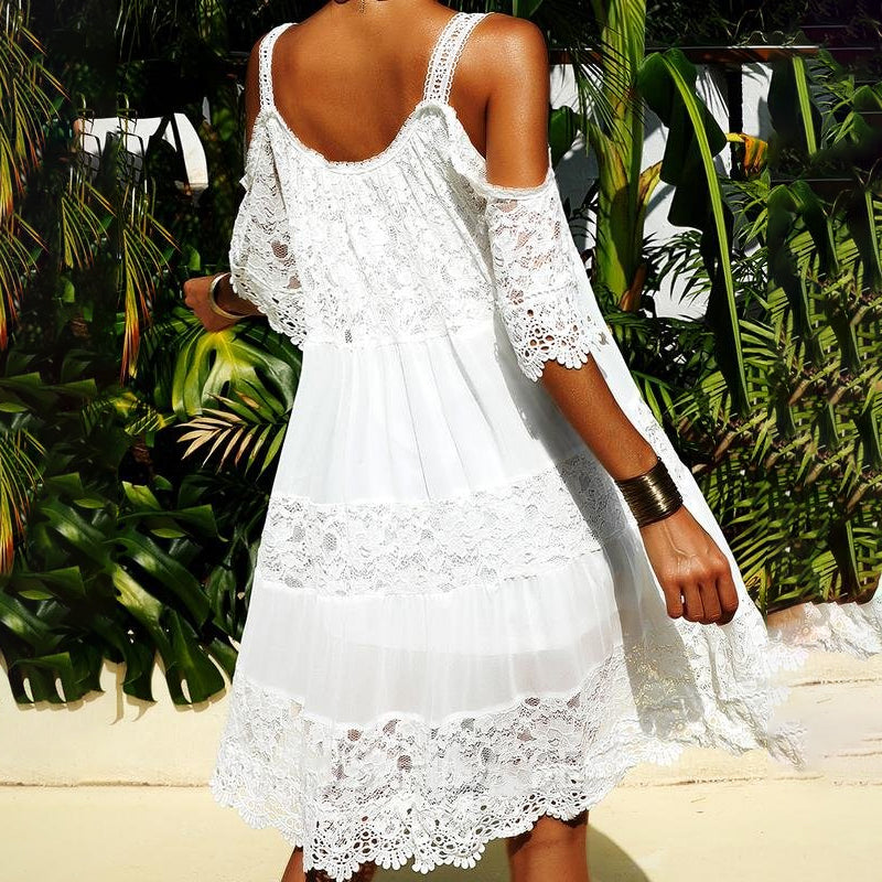 Lace Solid Shift Cold Shoulder Short Sleeves Midi Elegant Dresses