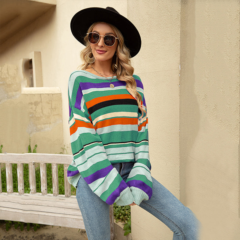 Women's Colorful Striped Crewneck Loose Knit Sweater
