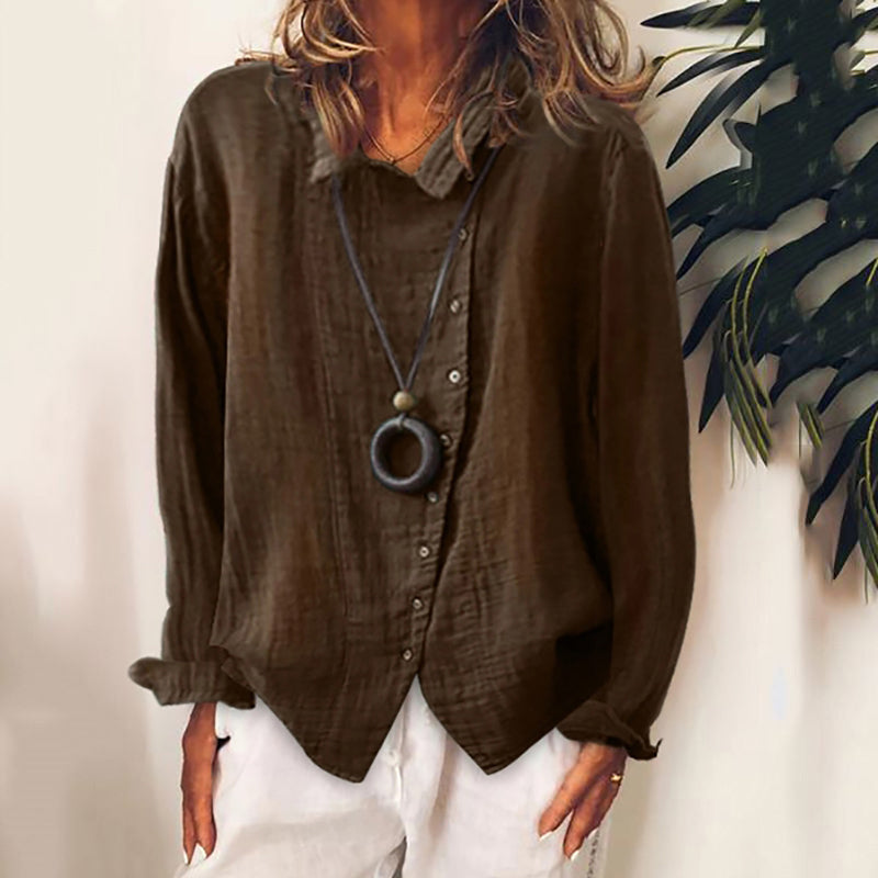 Solid Color Cotton Linen Lapel Shirt
