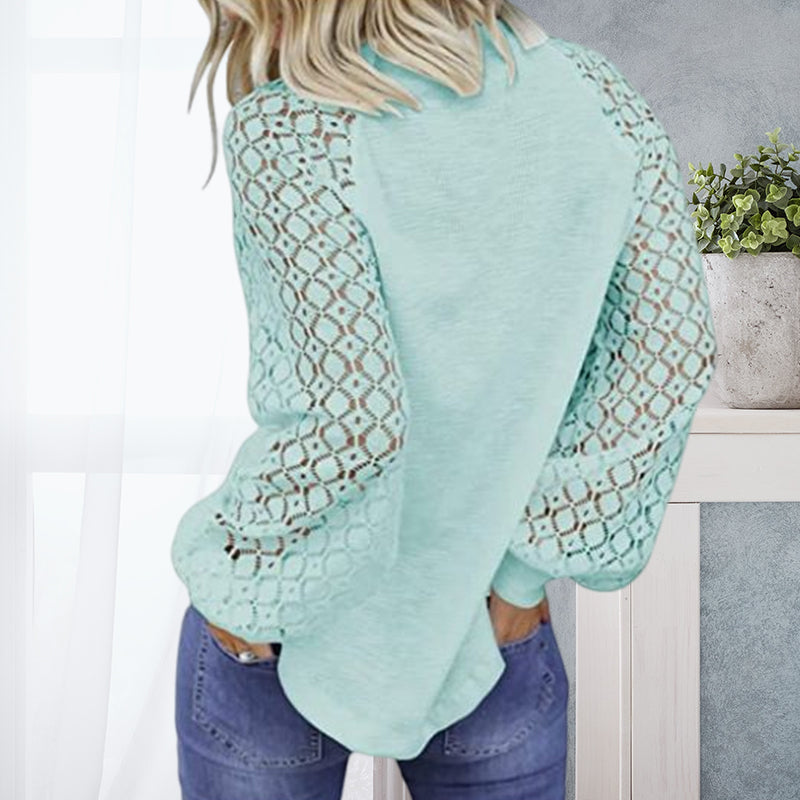 Round Neck Long Sleeve Lace Panel Loose T-Shirt