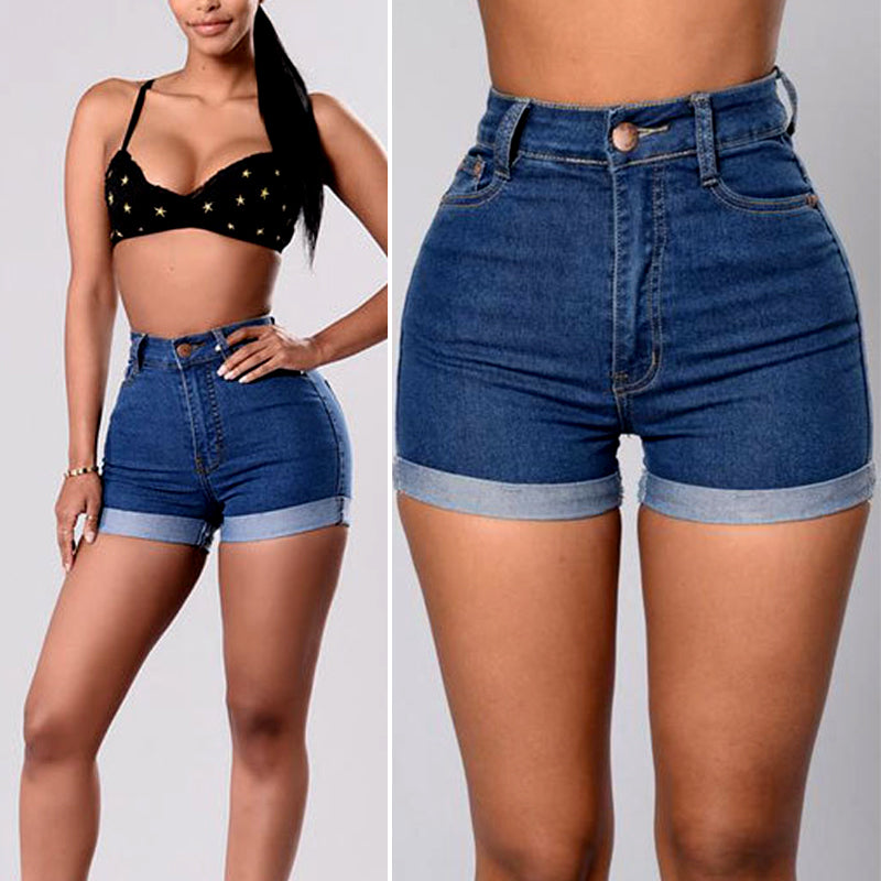 Roll Hem High Waist Denim Shorts