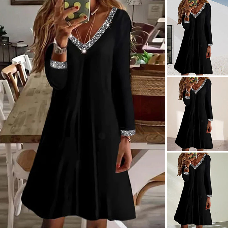 Long-sleeved Dress with V-neckline