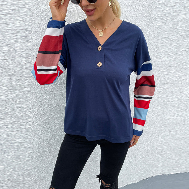 V-Neck Striped Sleeve Top