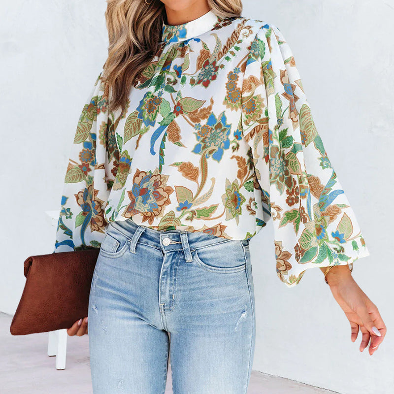 Stand Collar Balloon Sleeve Shirt
