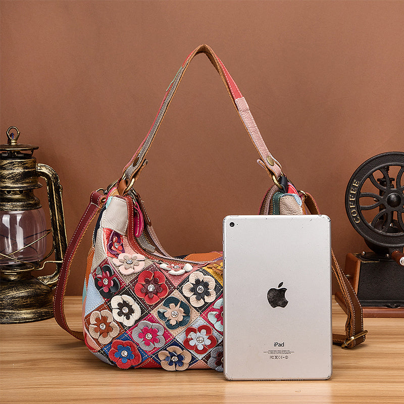 Multi-Color Floral Genuine Leather Boston Bag