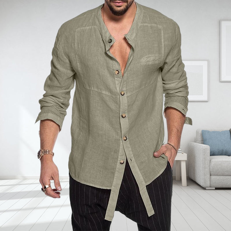 Stand Collar Linen Long Sleeve Shirt