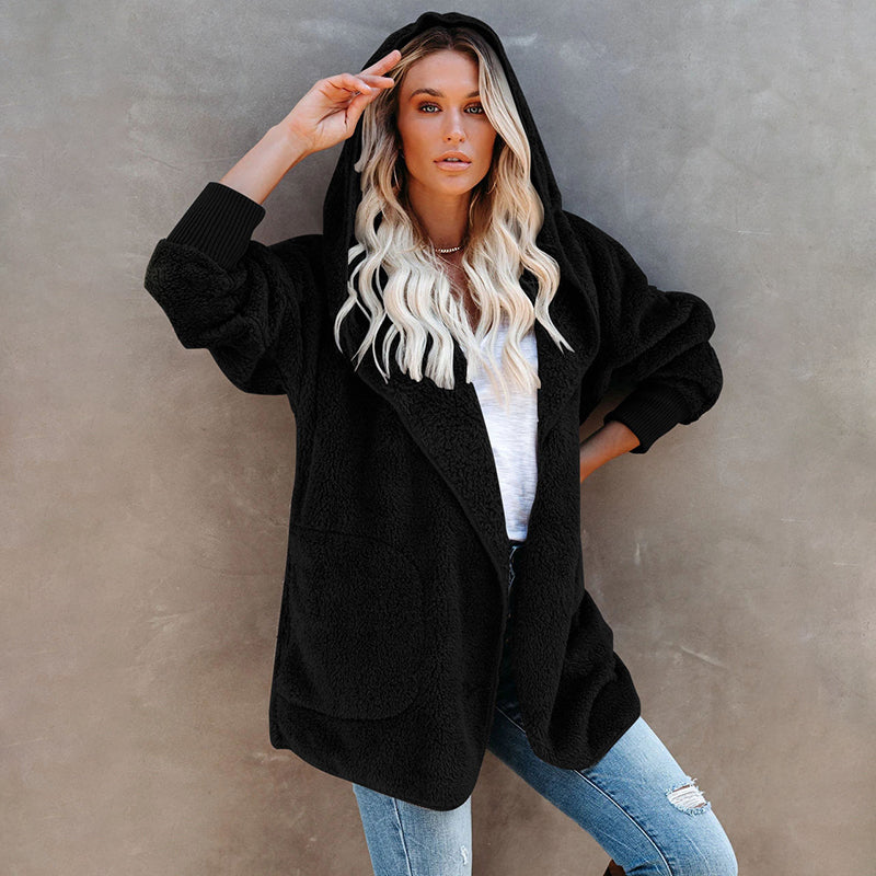 Long Sleeve Casual Hooded Solid Color Cardigan