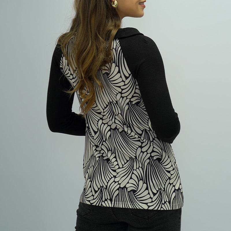 Ladies Long Sleeve Lapel Wave Pattern T-shirt