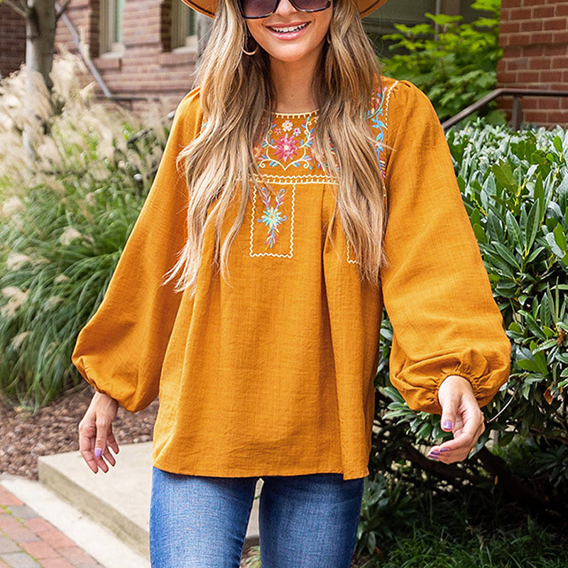 Ethnic Puff Sleeve Loose Crew Neck Pullover Top