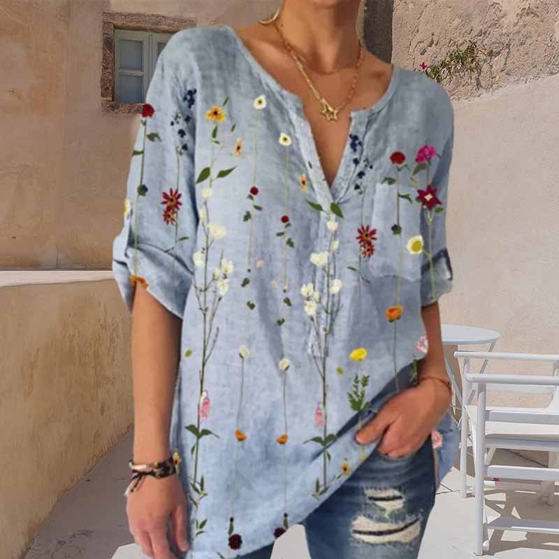 Loose Print V-Neck 3/4 Sleeve Shirt