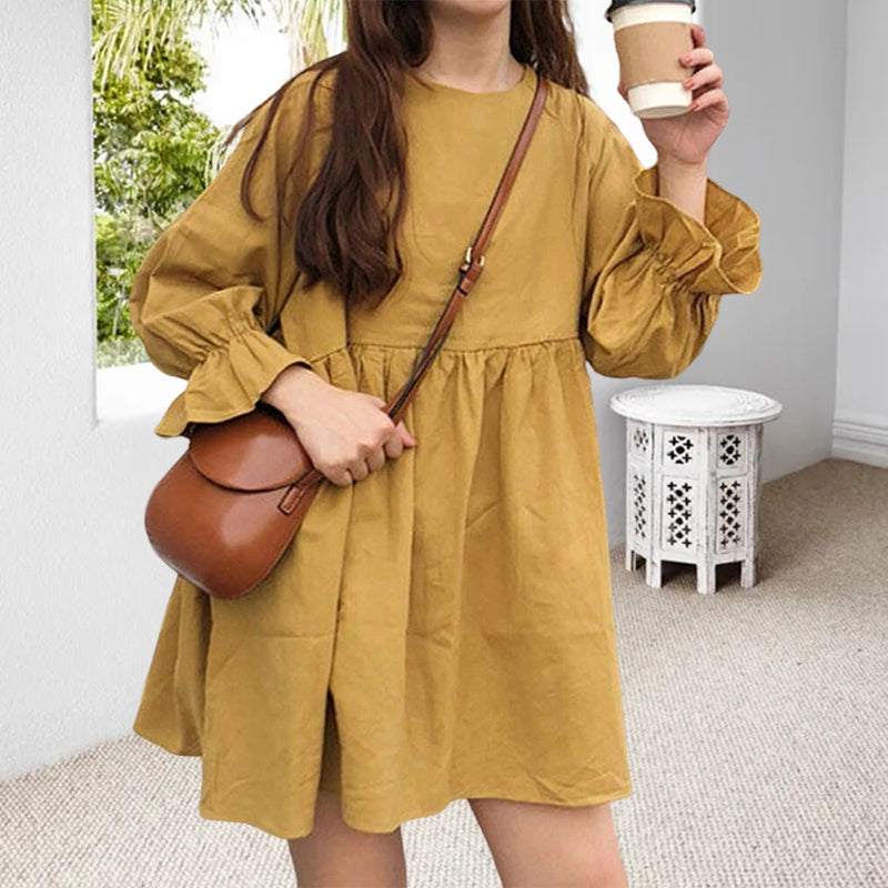 Long Sleeve Pleated Mini Cotton Linen Dress