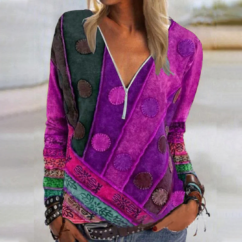 V Neck Abstract Long Sleeve Shift Shirts & Tops