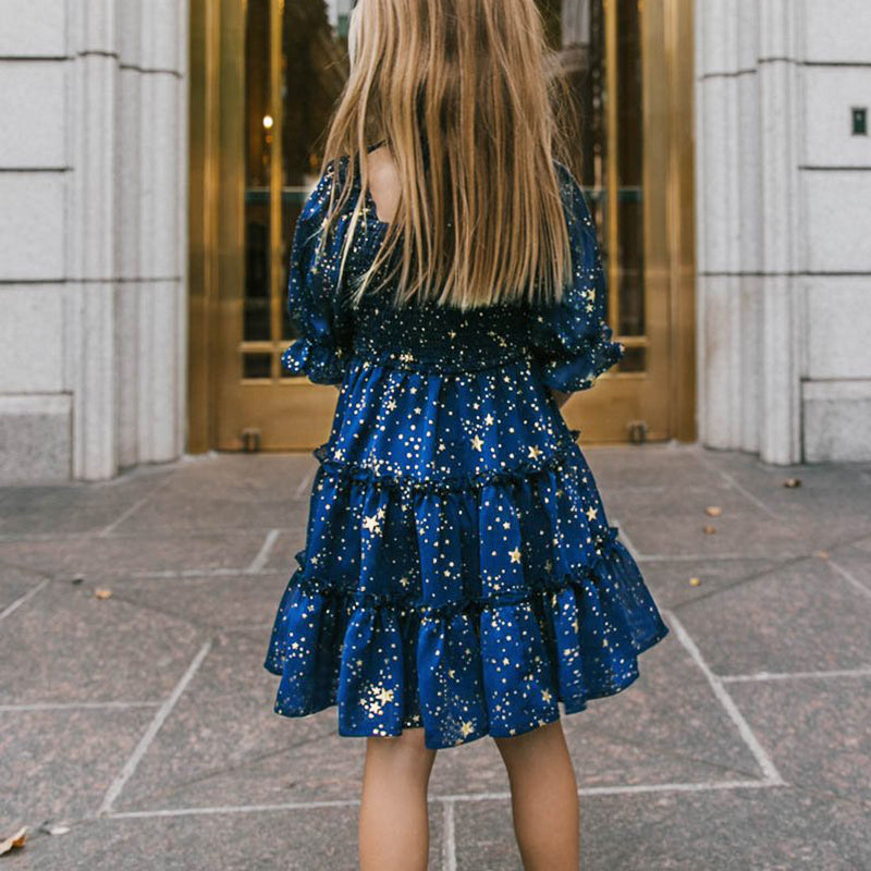 Children's Square Neck Lantern Sleeve Floral Plaid Dress