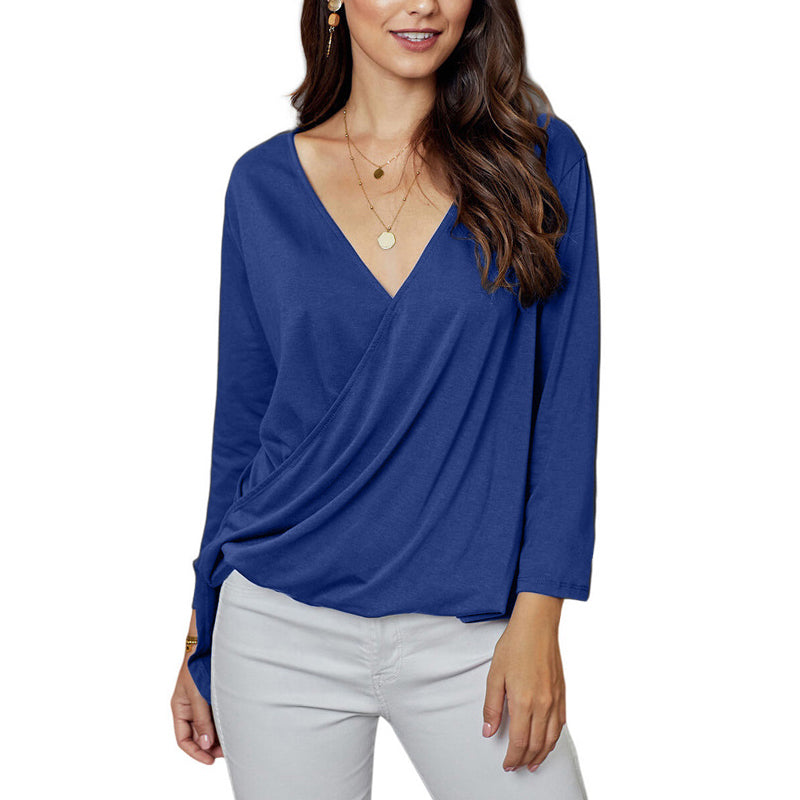 V-Neck Long Sleeve Pleated Loose Chiffon Shirt