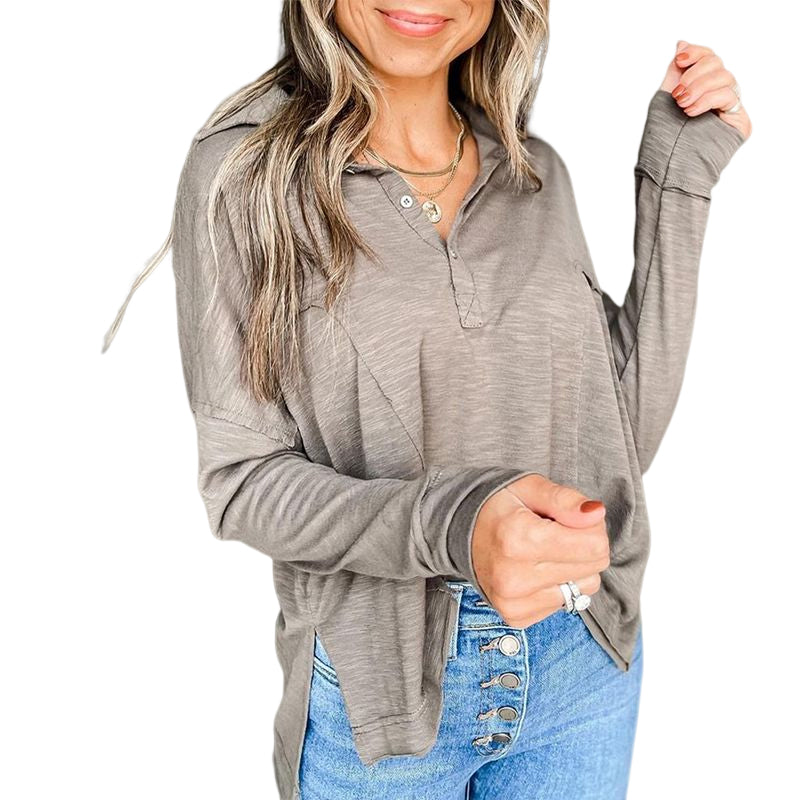 Solid Color V Neck Long Sleeve Loose Casual T-Shirt