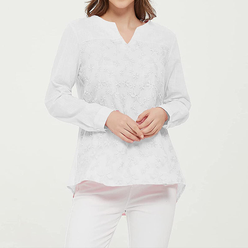 Women's Lace Embroidered Cotton and Linen Long-sleeved Shirt