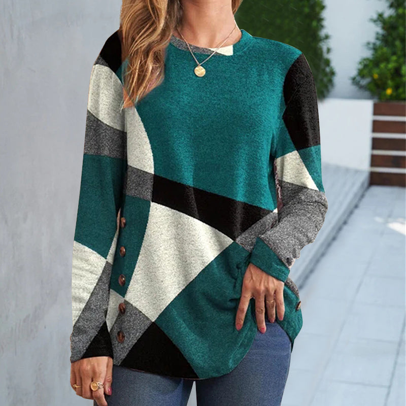 Women's Button Geometric Contrast Color Long-sleeved Printed Loose T-shirt