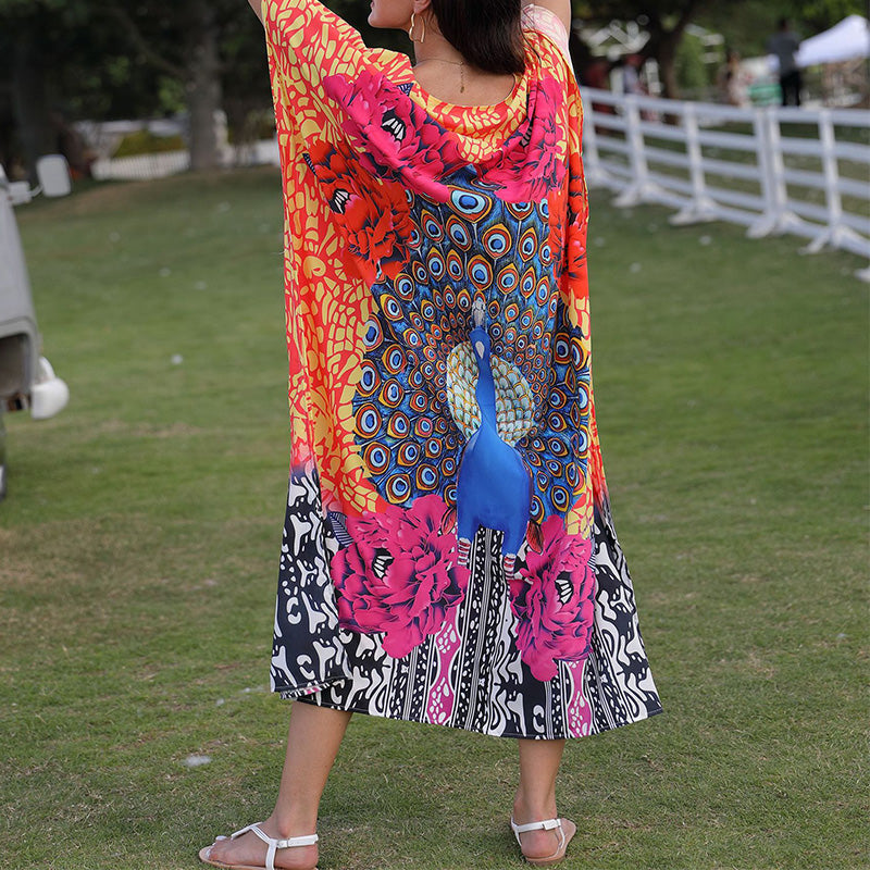 V-Neck Beach Dress With Peacock Print