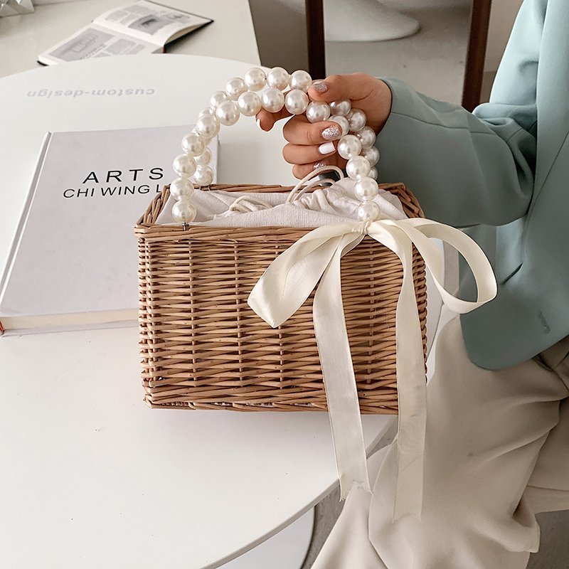 Faux Pearl Handle Straw Square Bag