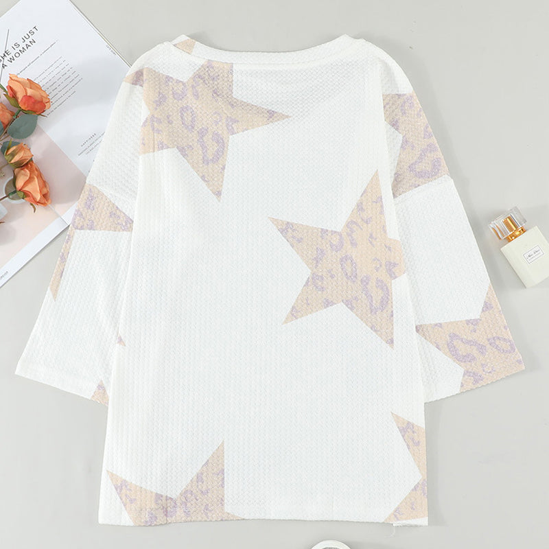 Star Print Long Sleeve Loose V-Neck Pullover T-Shirt