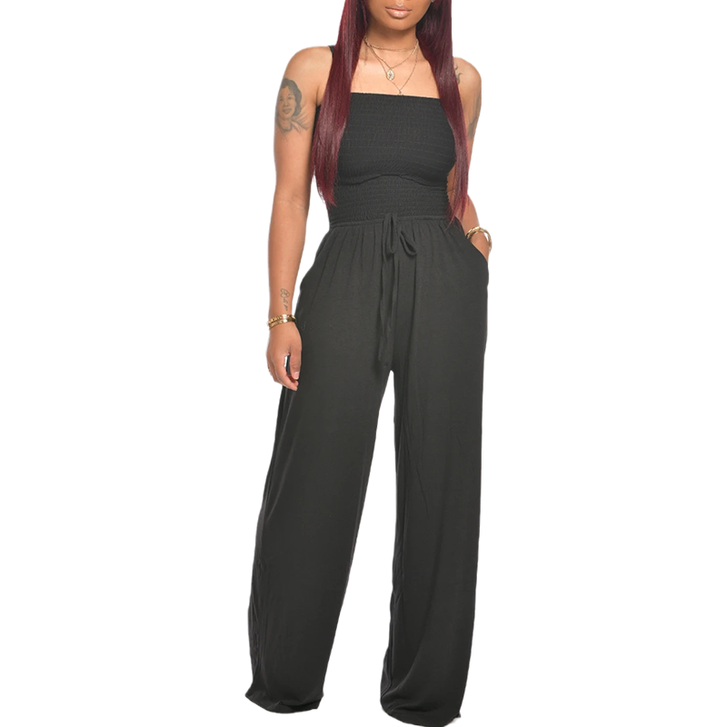 Asymmetric Solid Color Smocked Jumpsuit