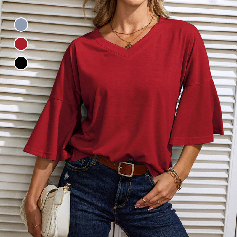 Plain V-neck flared T-shirt