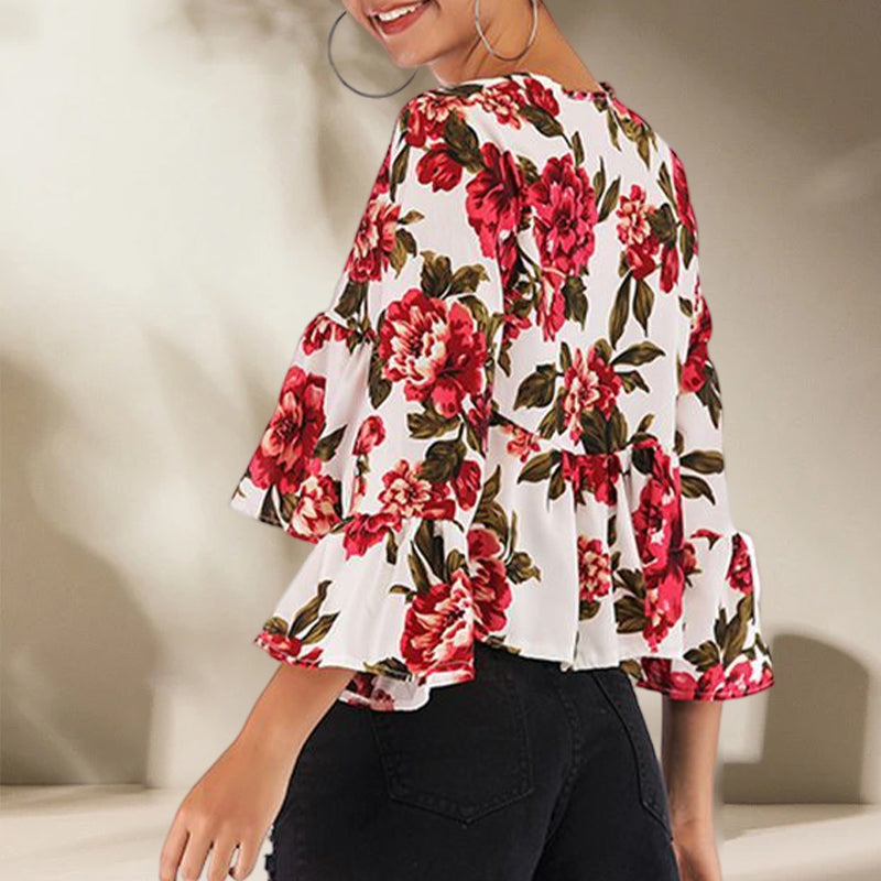 Ladies Summer V-Neck Flared Sleeve Printed Chiffon Shirt