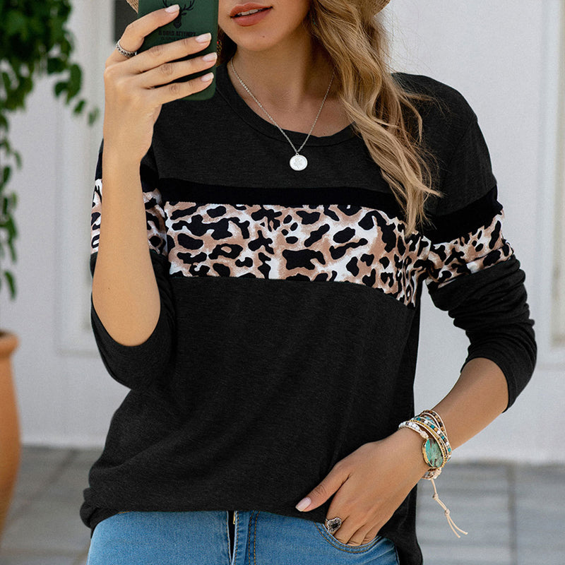 Long Sleeve Paneled Leopard T-Shirt