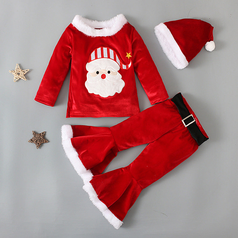 3 piece set of teddy top and flare pants in cute red velvet with Christmas theme