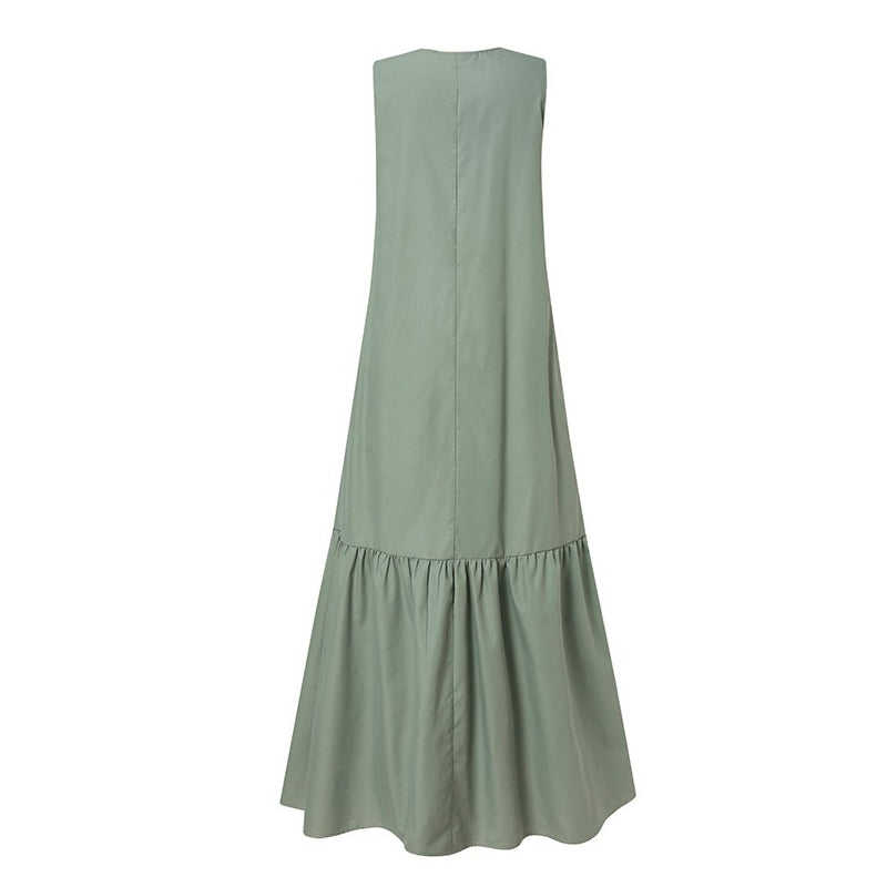 V-Neck Solid Color Sleeveless Pocket Long Dress