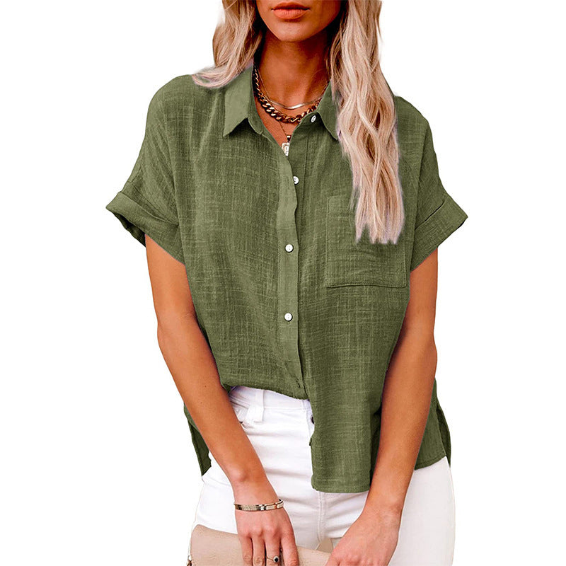 Women's Solid Color Pocket Short Sleeve Cotton Linen Shirt