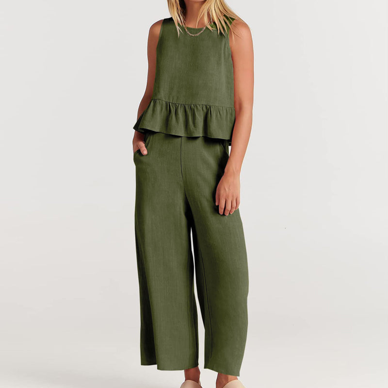 Women Sleeveless pleated tank top wide leg pants set