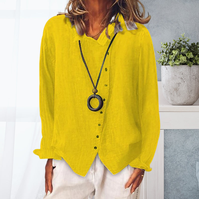 Solid Color Cotton Linen Lapel Shirt