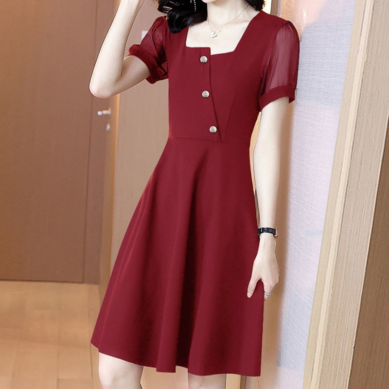 Square Neck Mesh Short Sleeve Dress