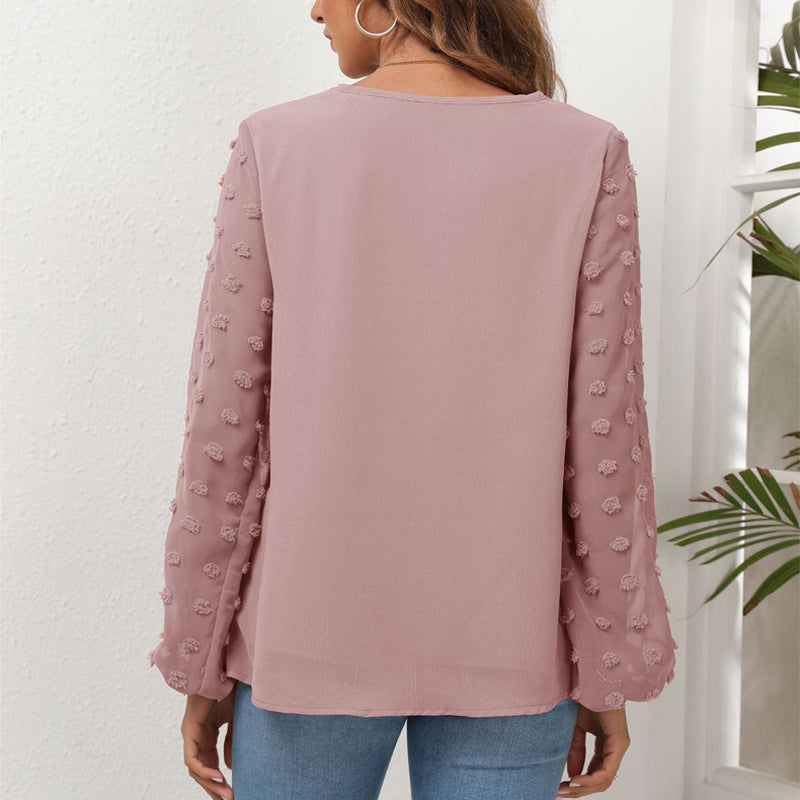 V-Neck Chiffon Panel Long Sleeve T-Shirt