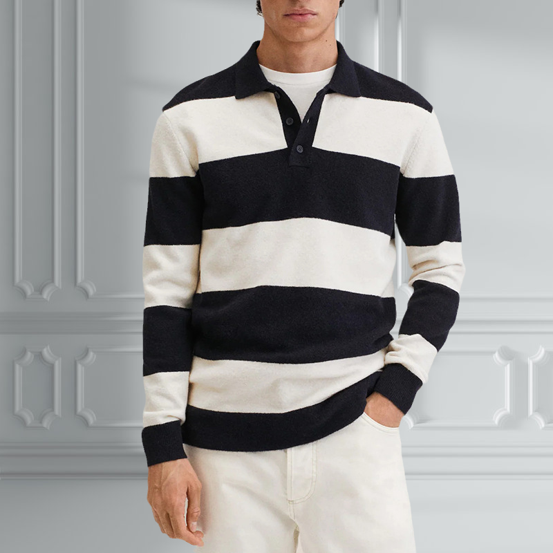 Lapel Half Button Contrast Striped Casual Pullover