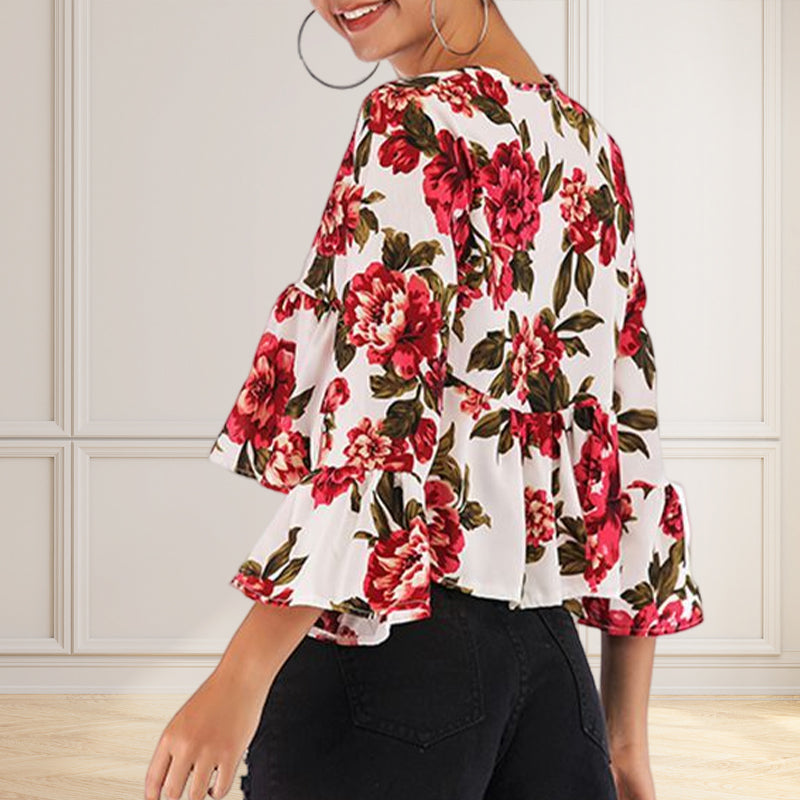Ladies Summer V-Neck Flared Sleeve Printed Chiffon Shirt
