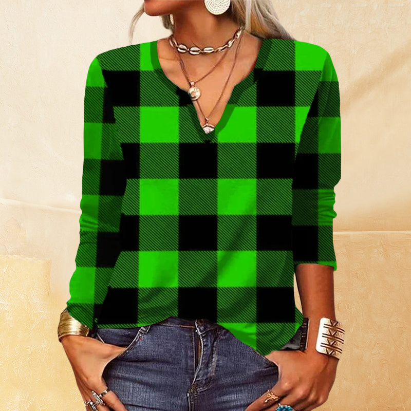 Plaid V-neck T-shirt