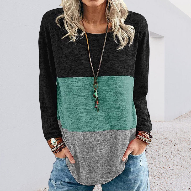 Round Neck Pullover Contrast Long Sleeve T-Shirt