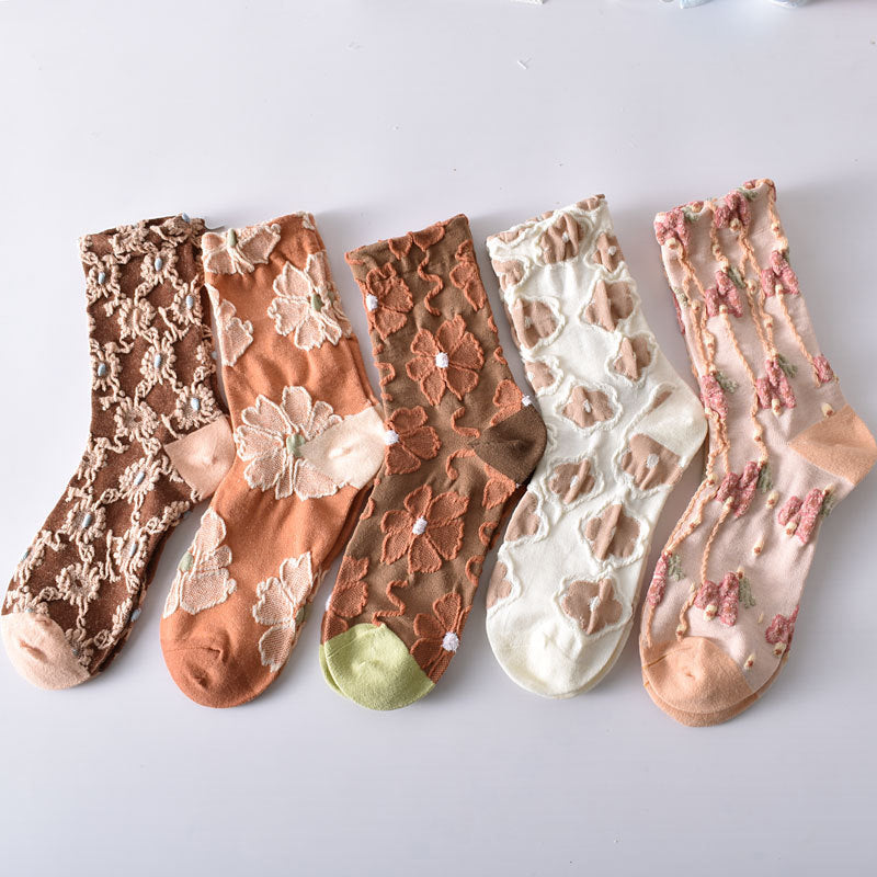 Women's Elegant Embossed Floral Cotton Socks