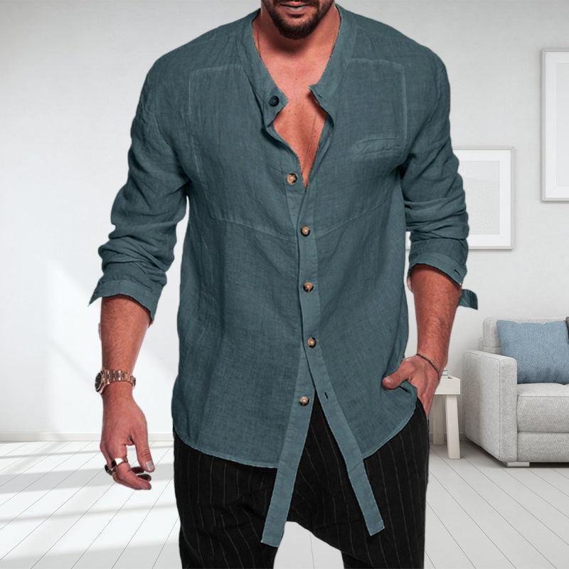 Stand Collar Linen Long Sleeve Shirt