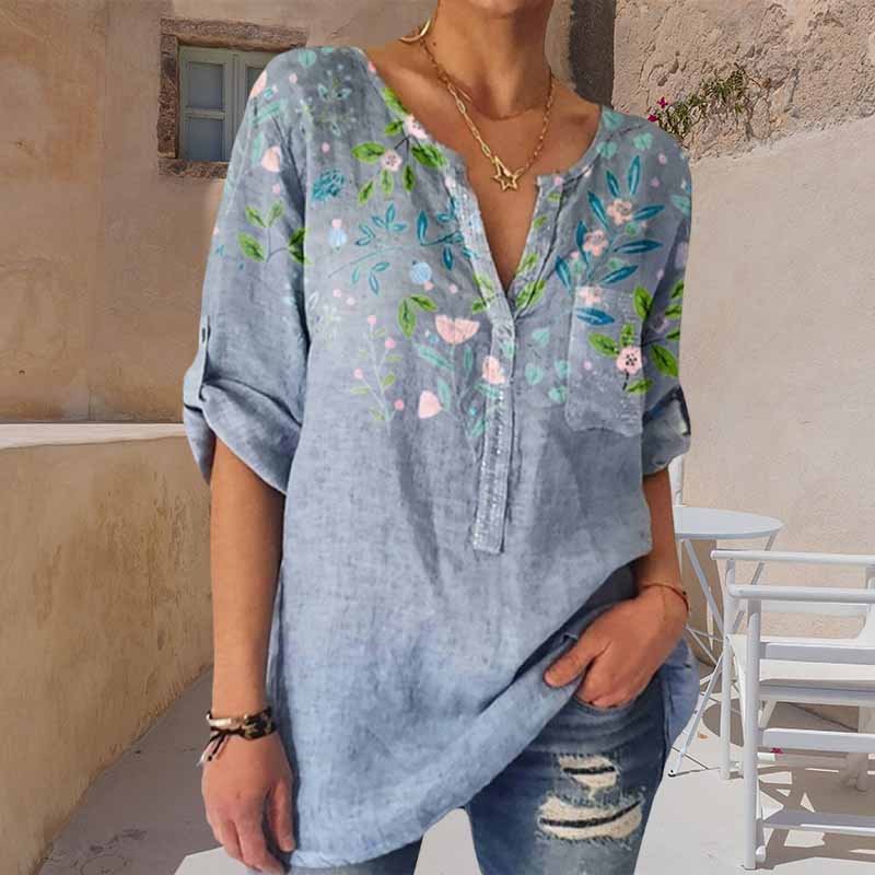 Loose Print V-Neck 3/4 Sleeve Shirt