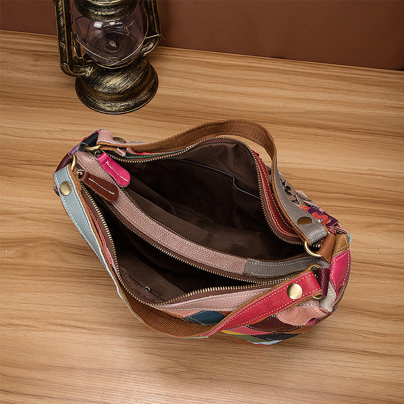Multi-Color Floral Genuine Leather Boston Bag