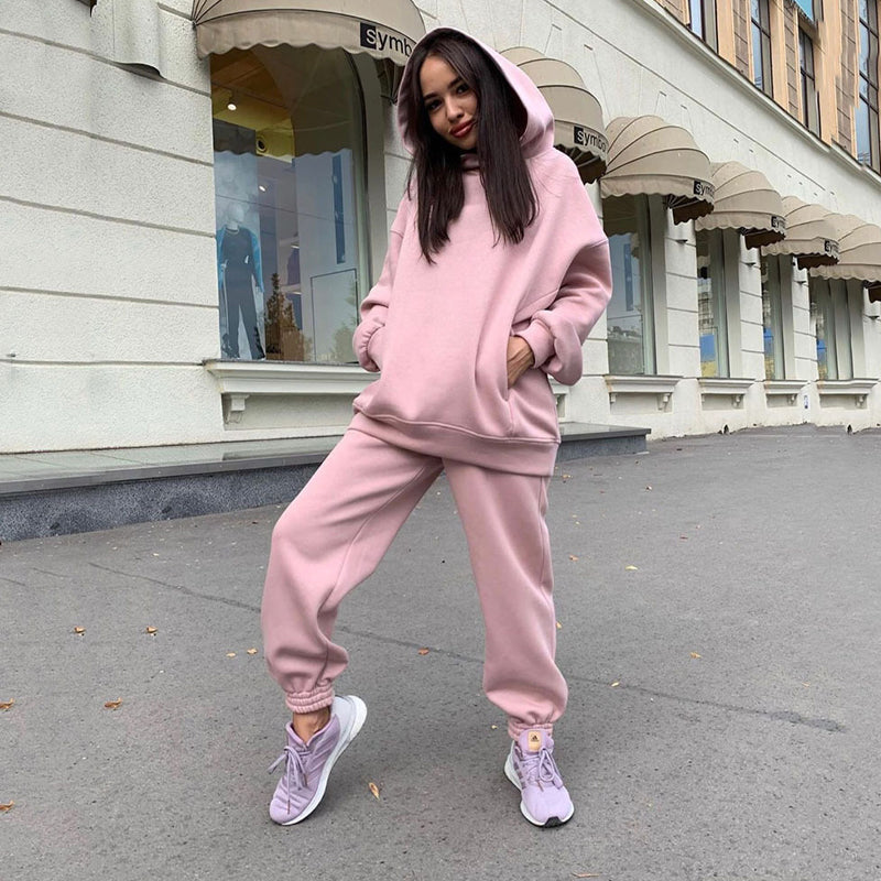 Women's Autumn/Winter Solid Color Hoodie Two Piece Set