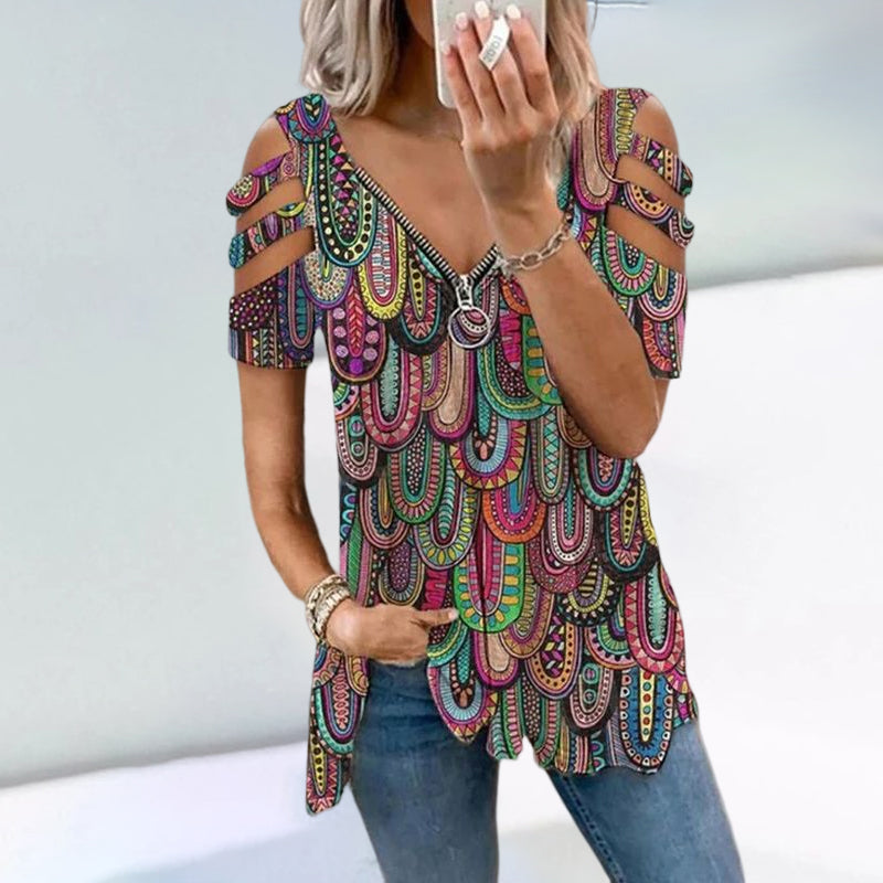 Zip V-neck Print T-shirt