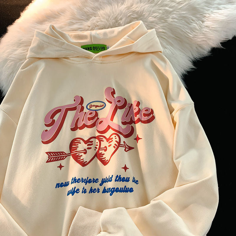 Vintage Heart Print Hooded Sweatshirt