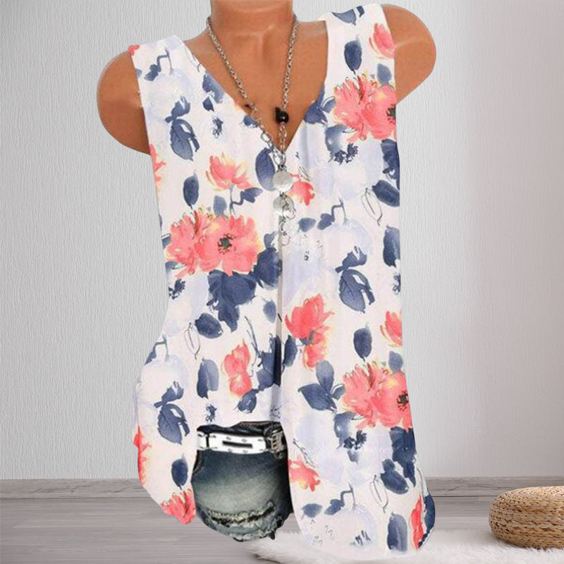 Loose Floral Print V-Neck Tank Top T-Shirt