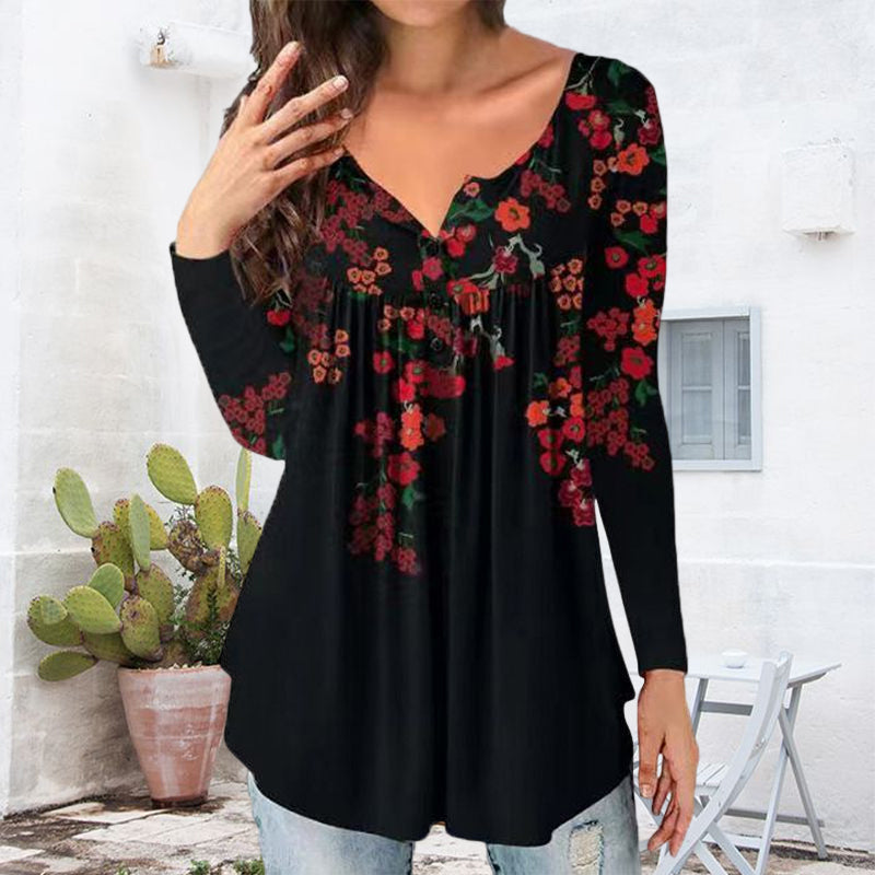 Printed Button Loose Long Sleeve T-Shirt