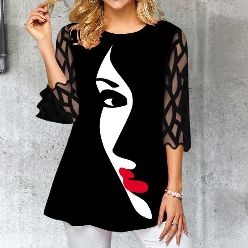 Lace Sleeve Printed T-shirt