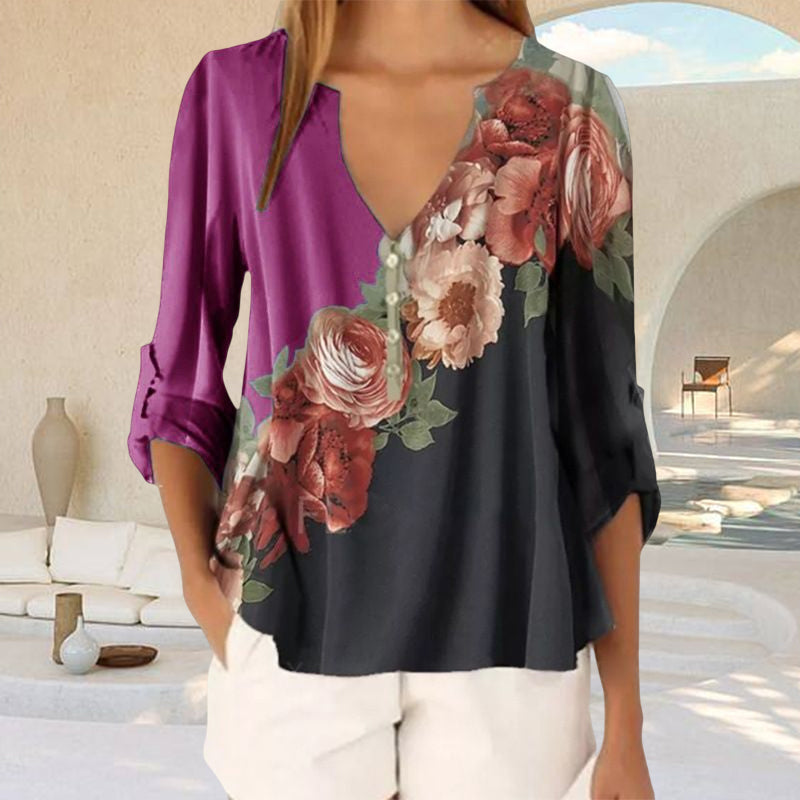 V-neck Printed Chiffon Shirt